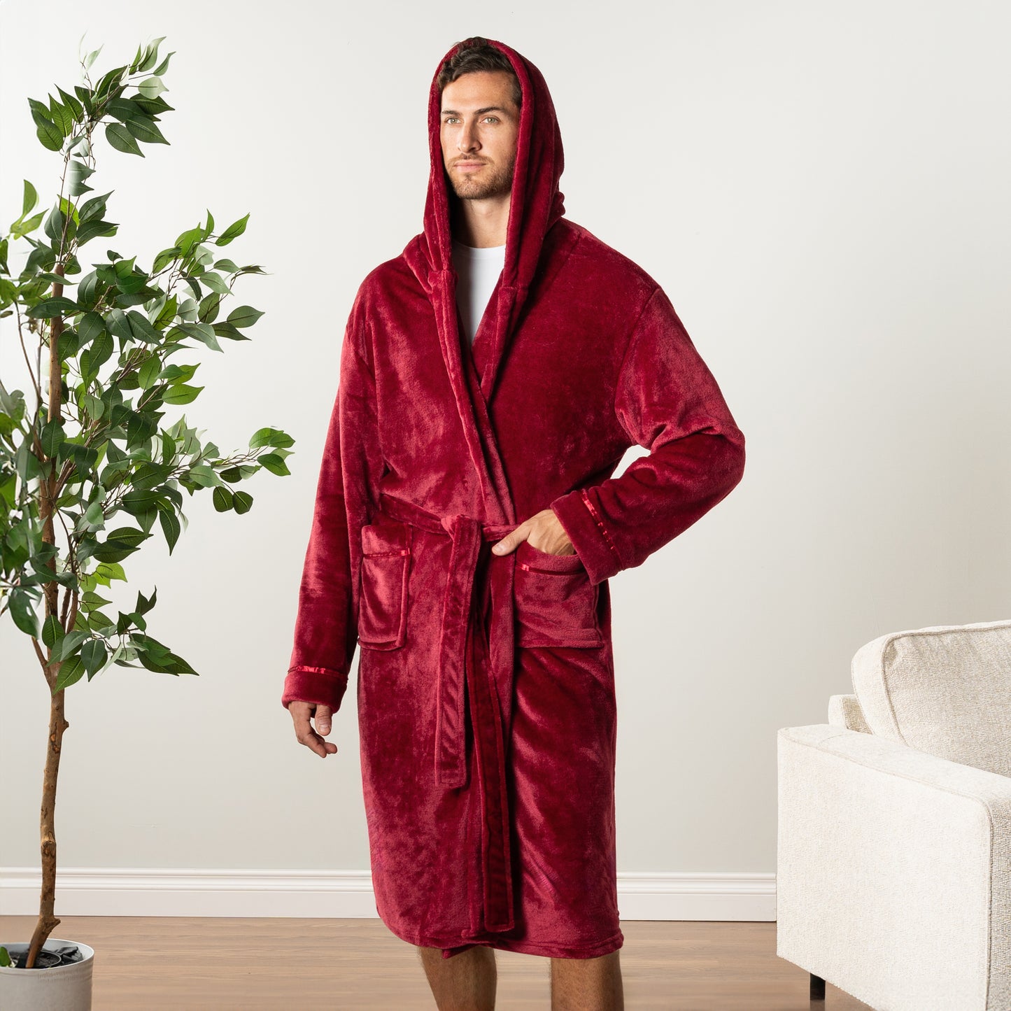 Men's Satin Trim Fleece Robe with Hood