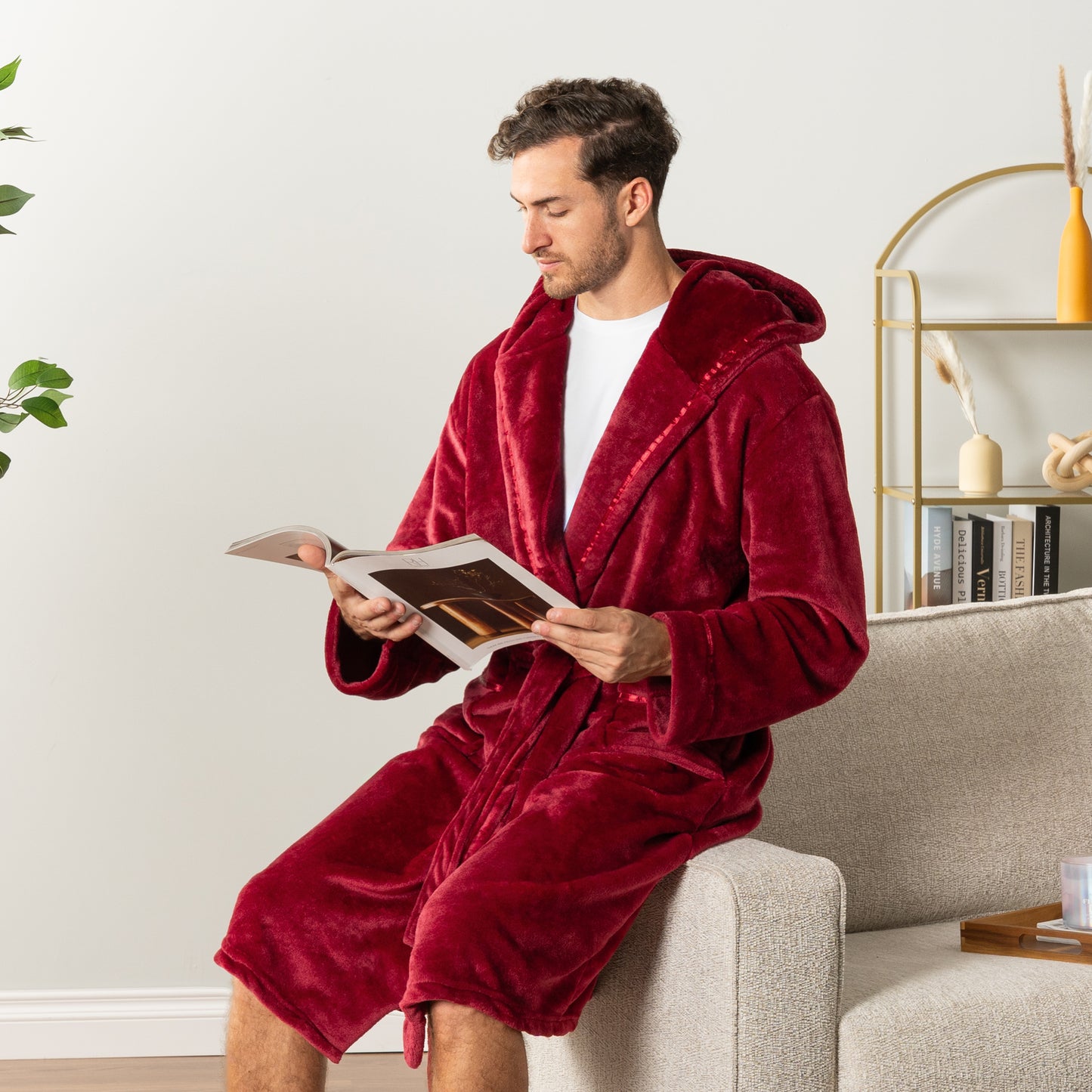Men's Satin Trim Fleece Robe with Hood