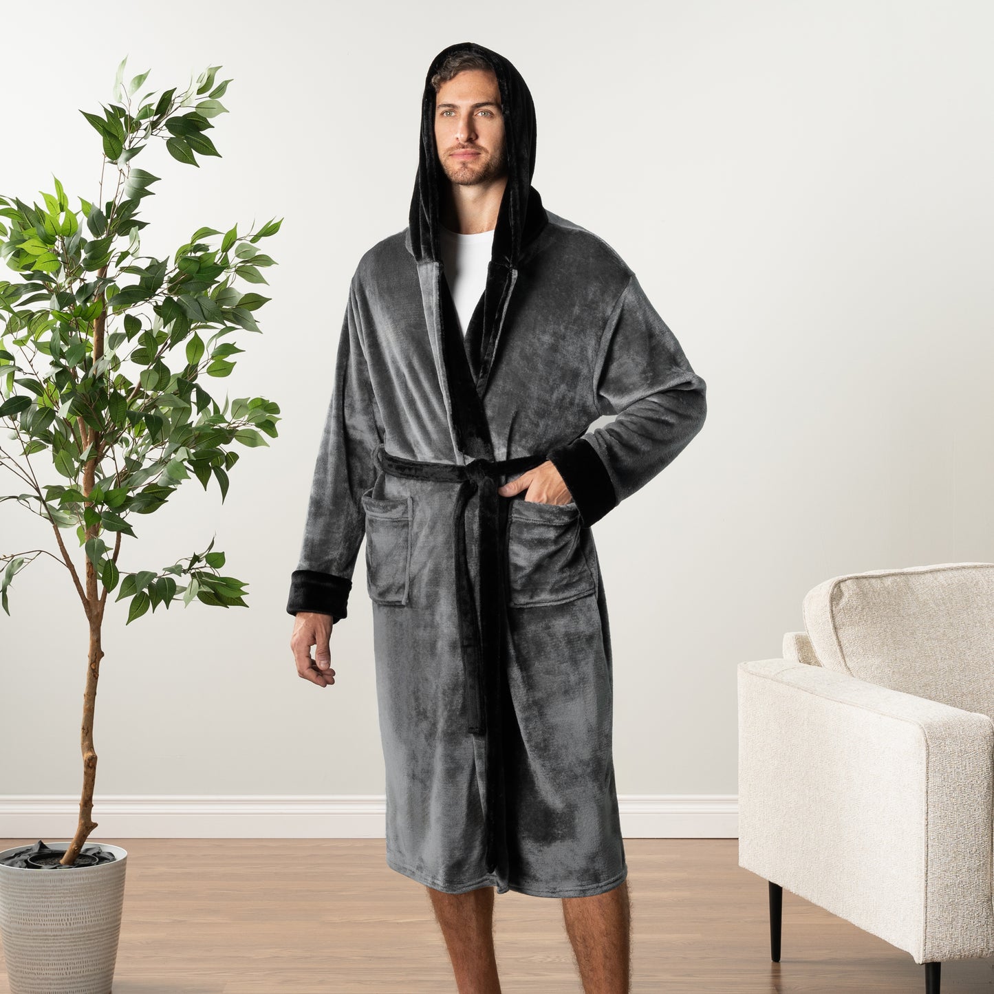 Men's Two-Tone Fleece Robe with Hood