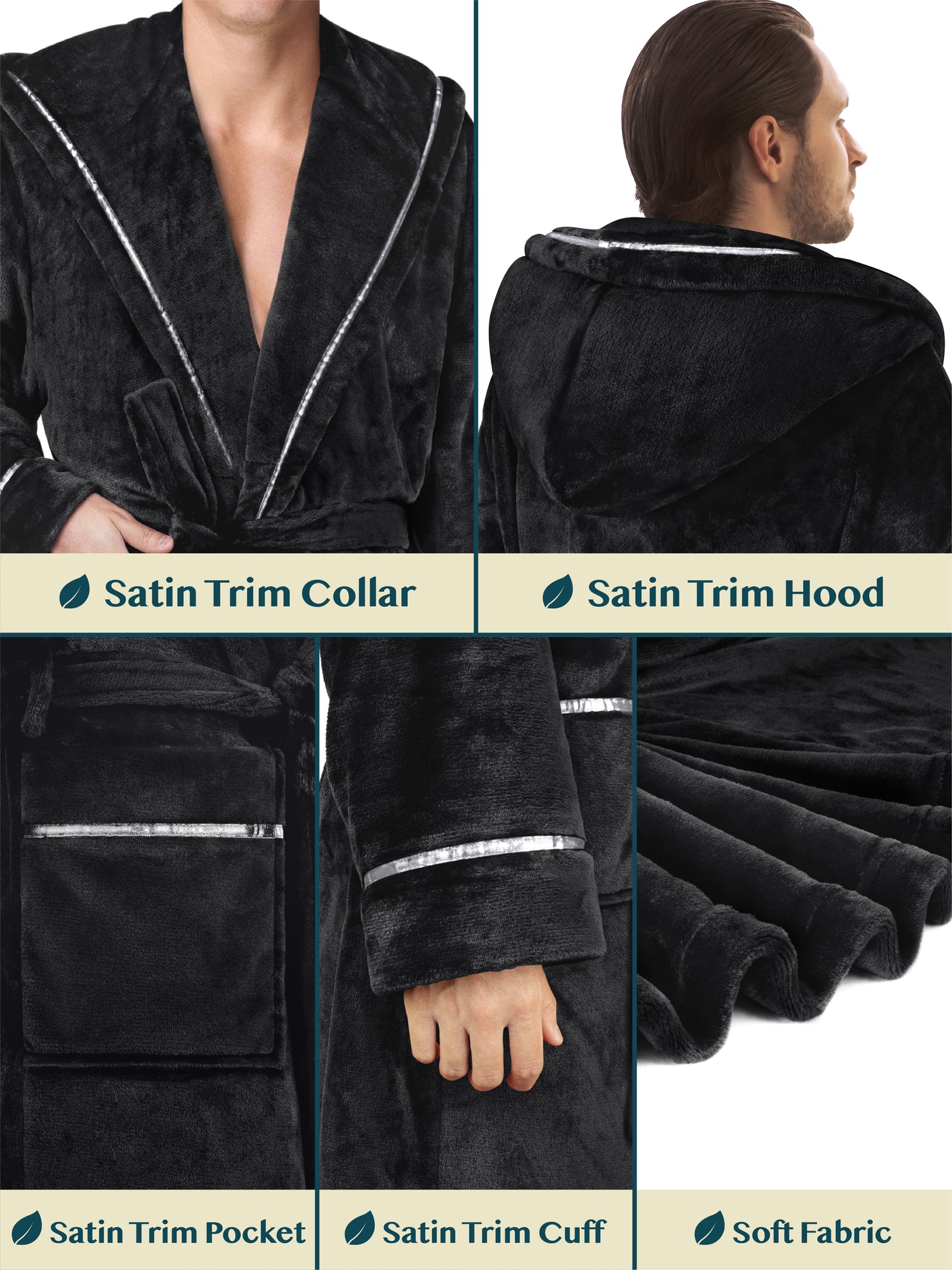 Men's Satin Trim Fleece Robe with Hood