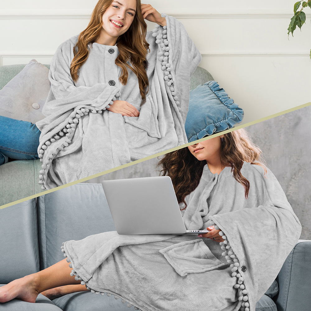 Angel Wrap Pom Pom Fringe Poncho Blanket