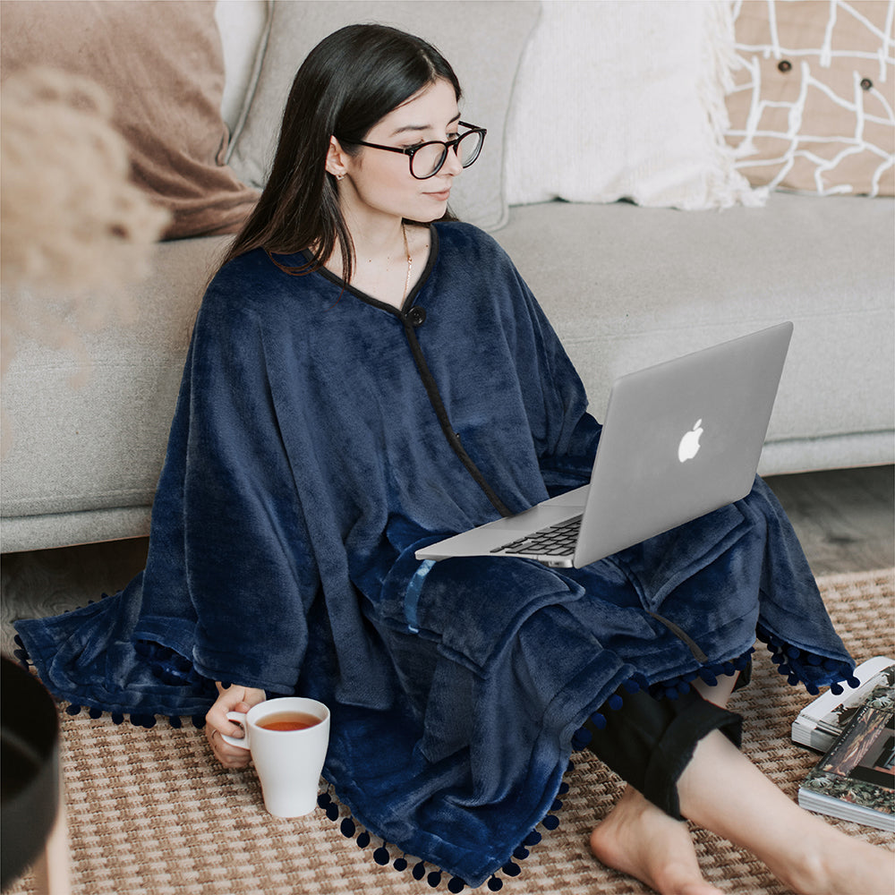 Classic Pom Pom Fringe Poncho Blanket