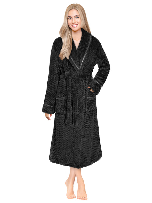 Women's Waffle Textured Satin Trim Fleece Robe