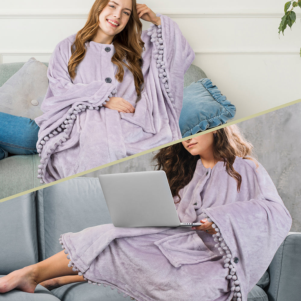Angel Wrap Pom Pom Fringe Poncho Blanket