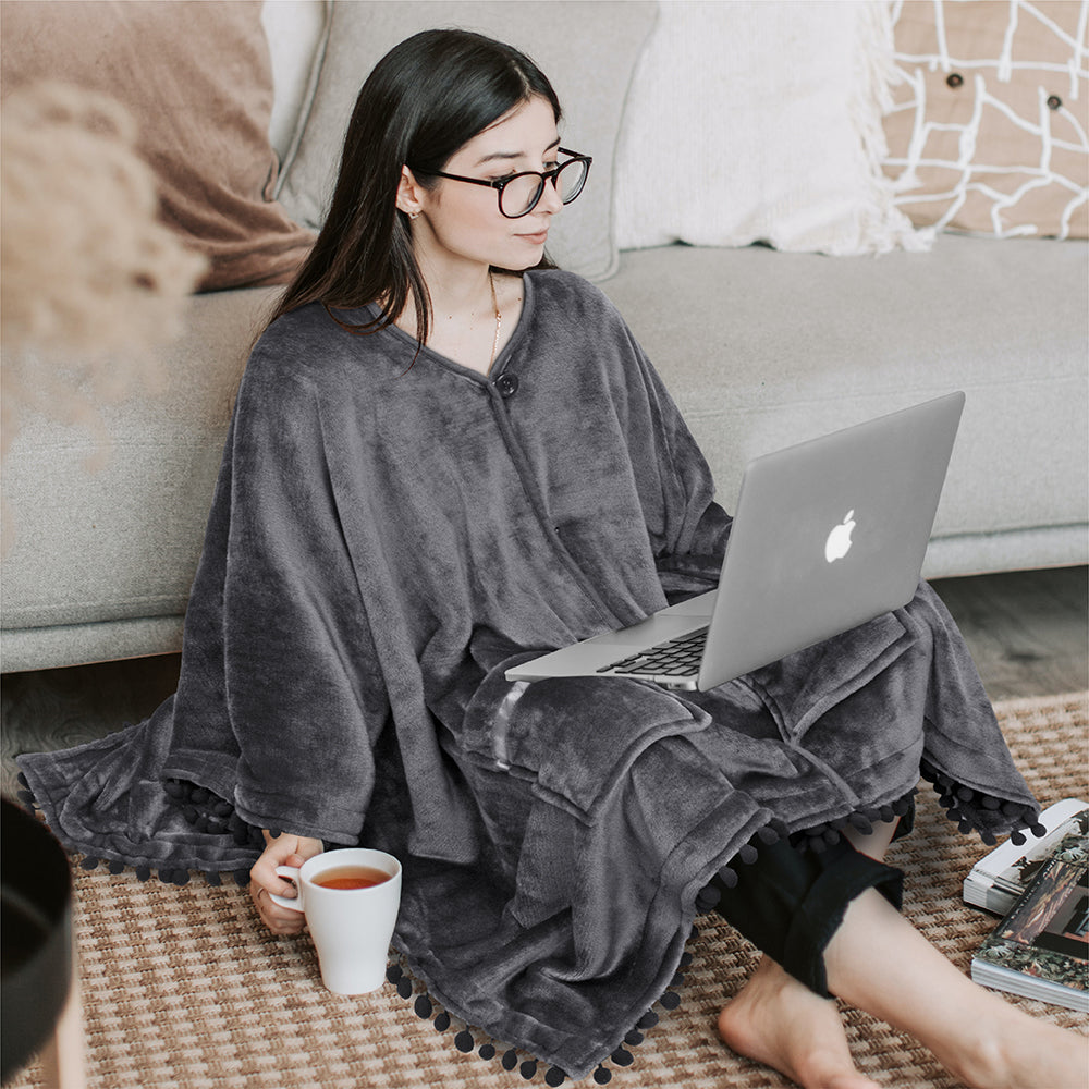 Classic Pom Pom Fringe Poncho Blanket