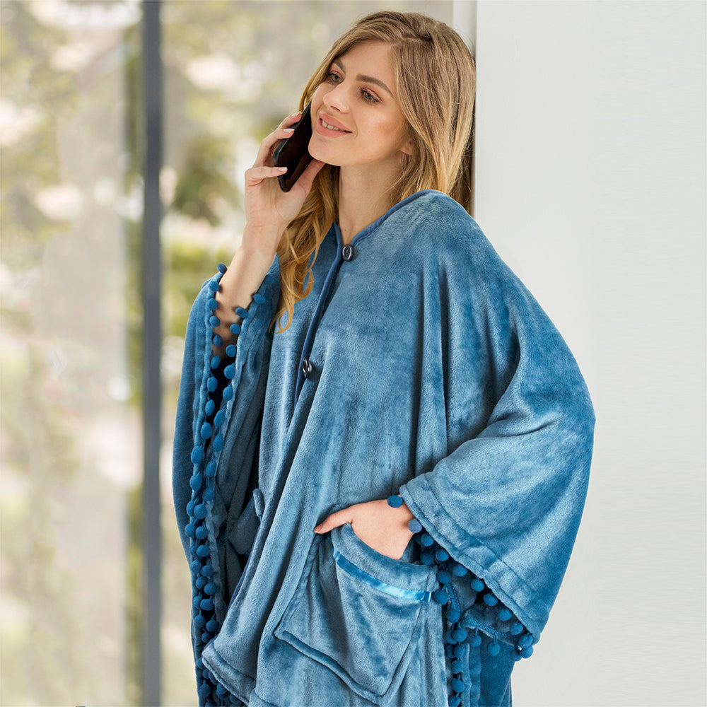 Classic Pom Pom Fringe Poncho Blanket