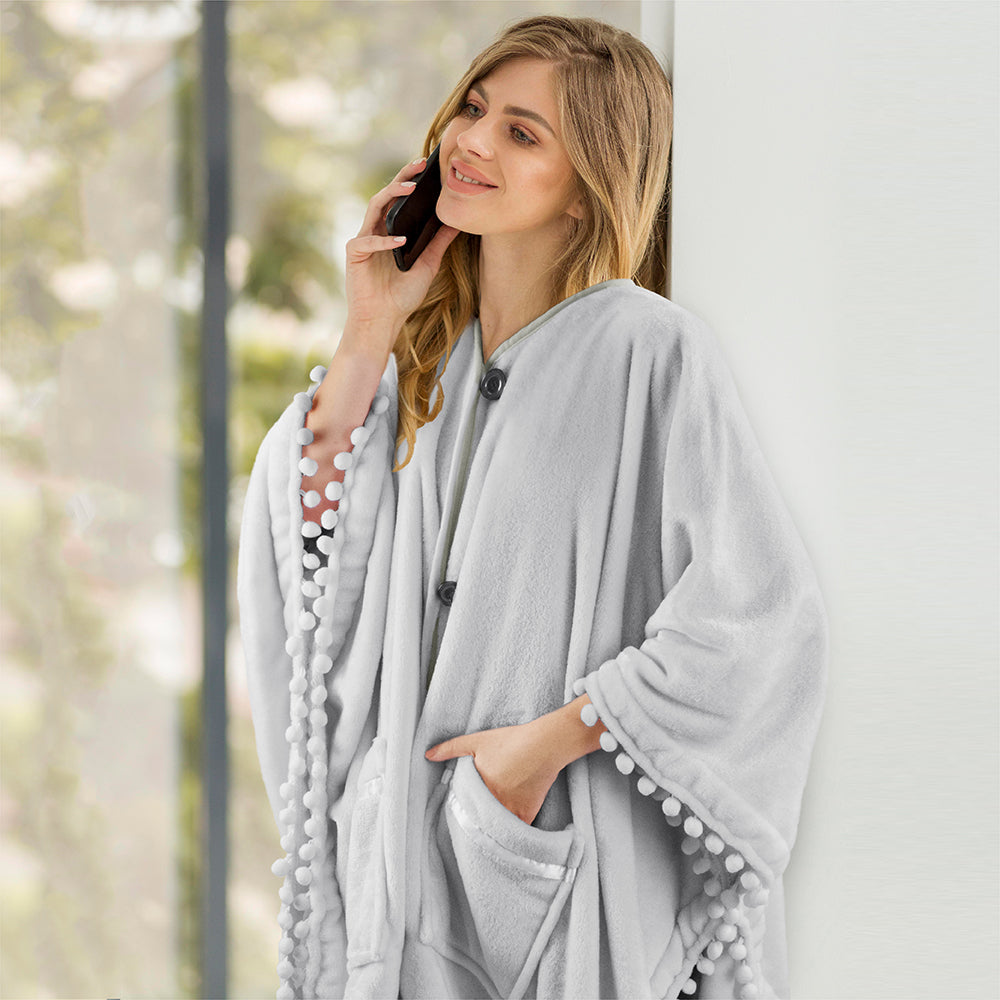 Classic Pom Pom Fringe Poncho Blanket