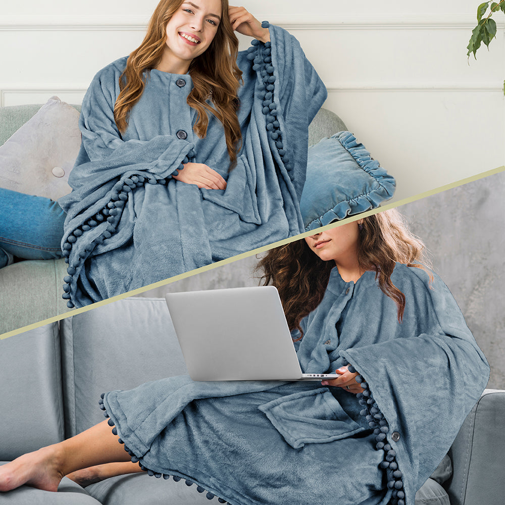 Angel Wrap Pom Pom Fringe Poncho Blanket