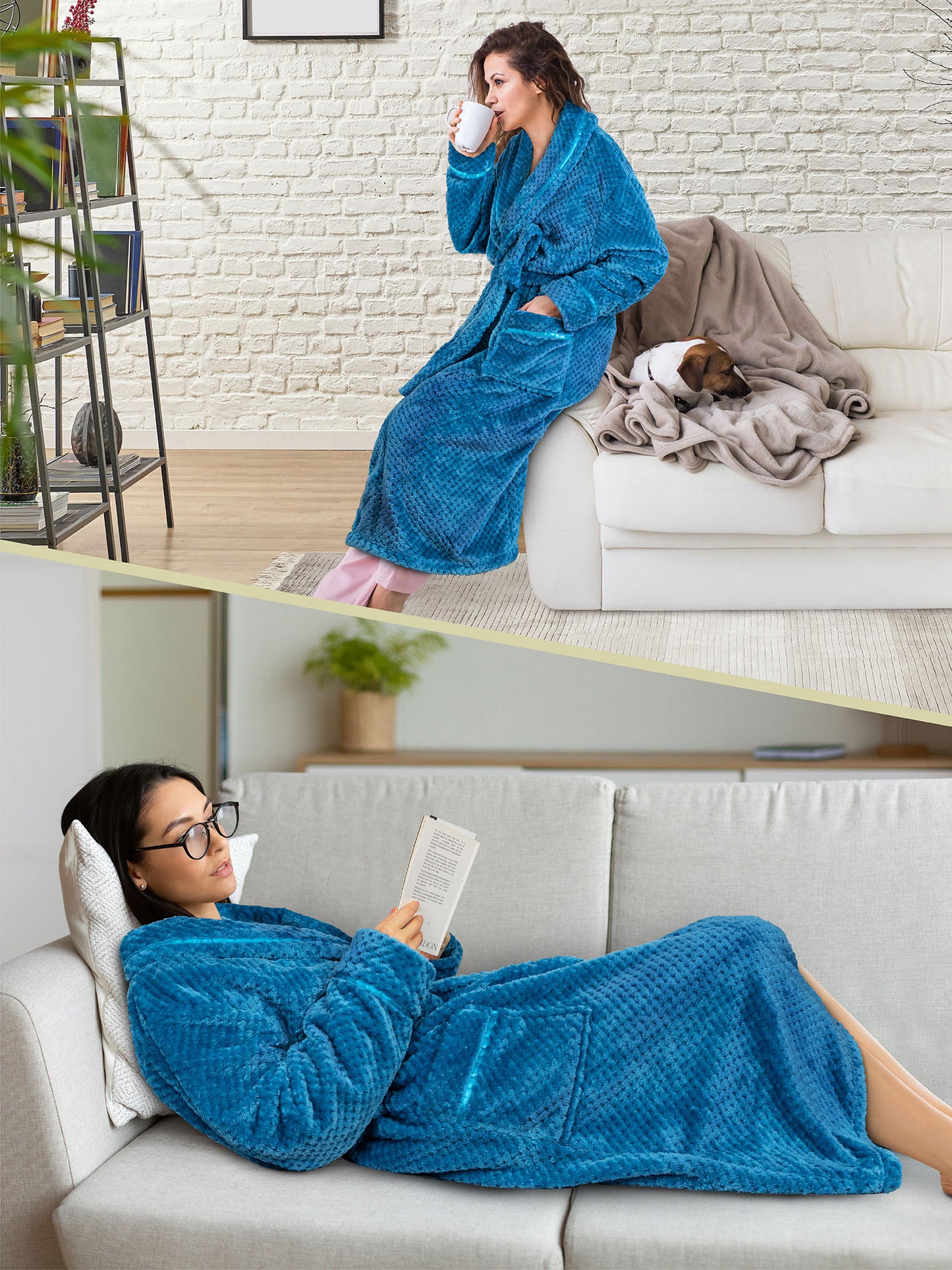Women's Waffle Textured Satin Trim Fleece Robe