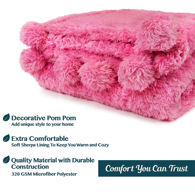 Pom Pom Fringe Sherpa Throw Blanket