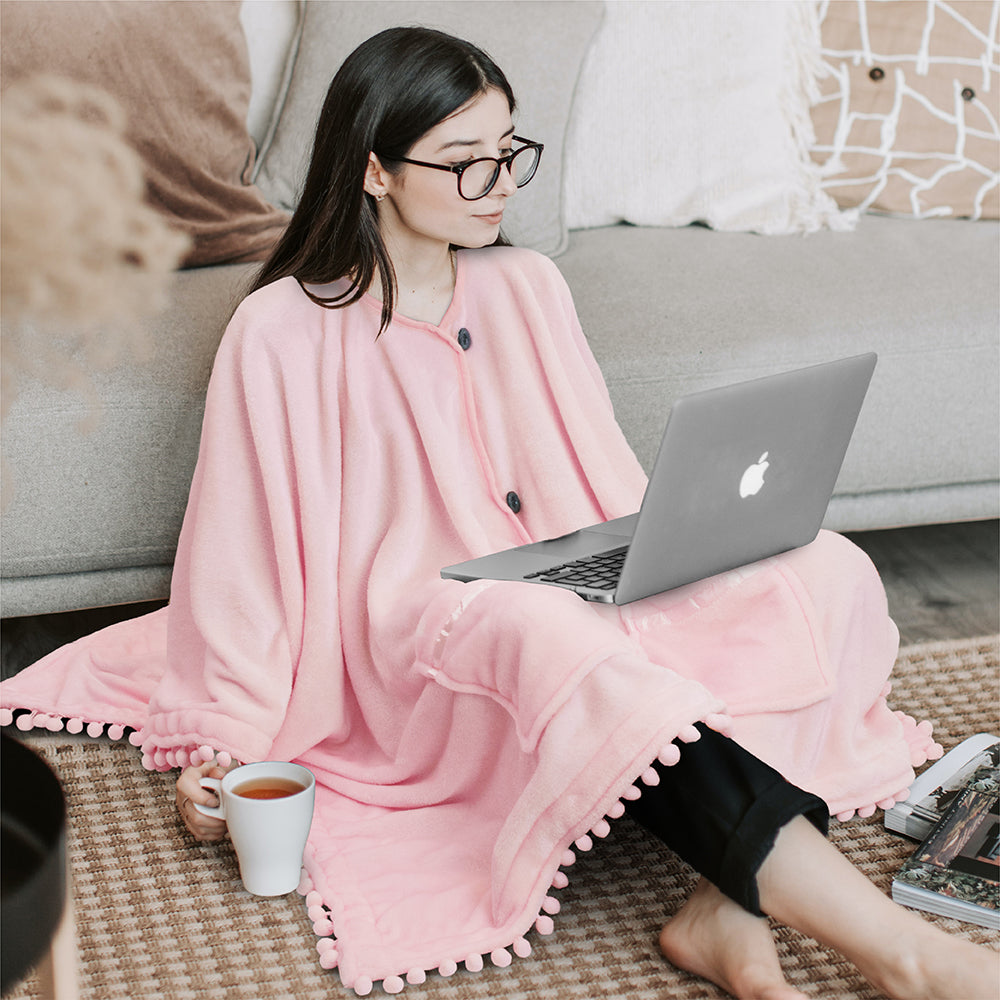 Classic Pom Pom Fringe Poncho Blanket