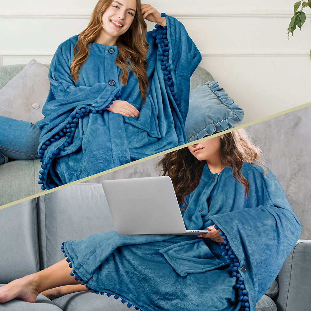 Angel Wrap Pom Pom Fringe Poncho Blanket