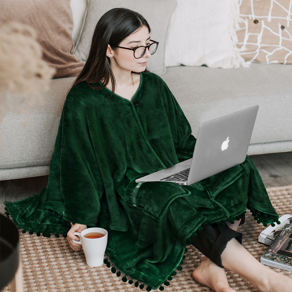 Classic Pom Pom Fringe Poncho Blanket