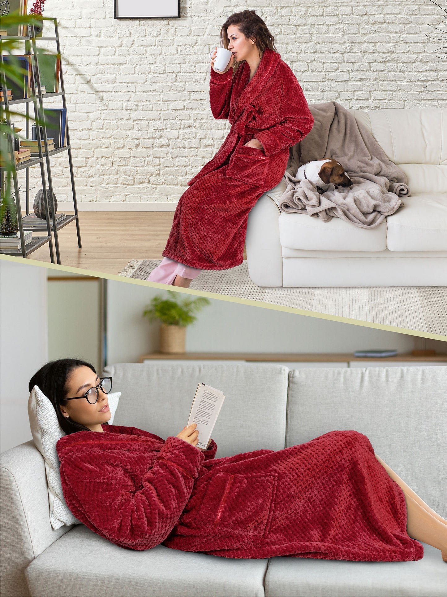 Women's Waffle Textured Satin Trim Fleece Robe