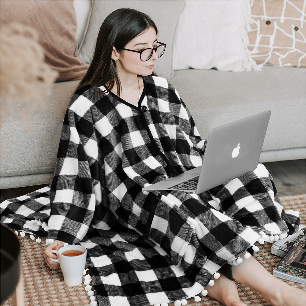 Classic Pom Pom Fringe Poncho Blanket