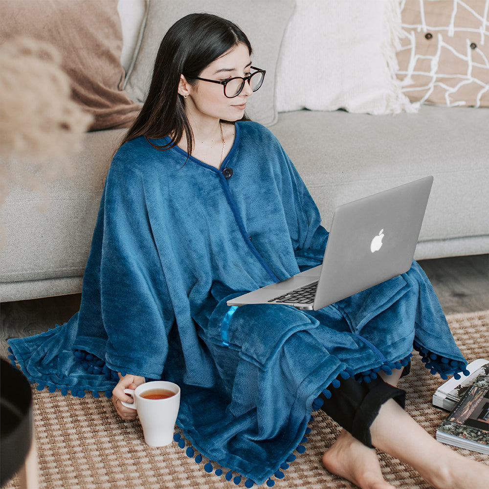 Classic Pom Pom Fringe Poncho Blanket