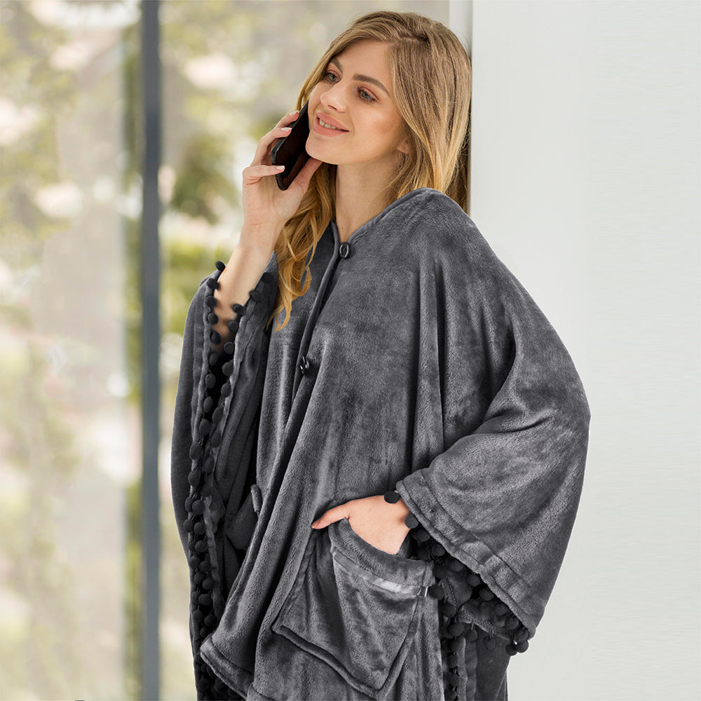 Classic Pom Pom Fringe Poncho Blanket