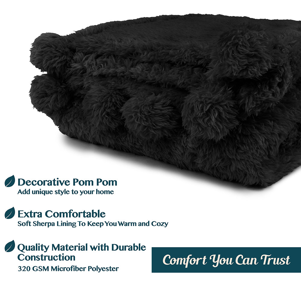 Pom Pom Fringe Sherpa Throw Blanket