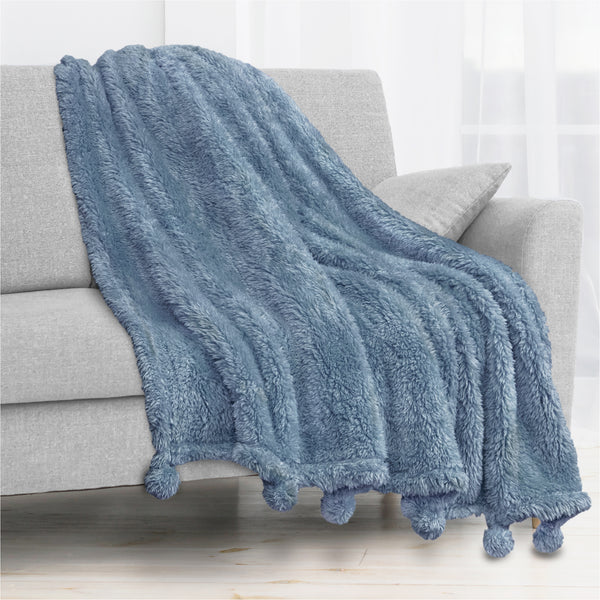 Pom Pom Fringe Sherpa Throw Blanket