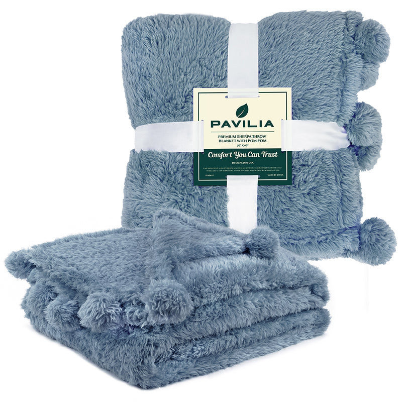 Pom Pom Fringe Sherpa Throw Blanket