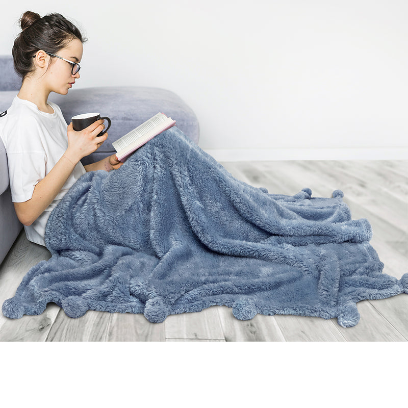 Pom Pom Fringe Sherpa Throw Blanket