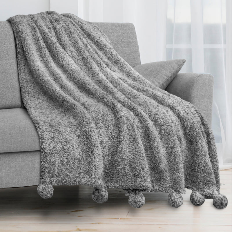 Pom Pom Fringe Sherpa Throw Blanket