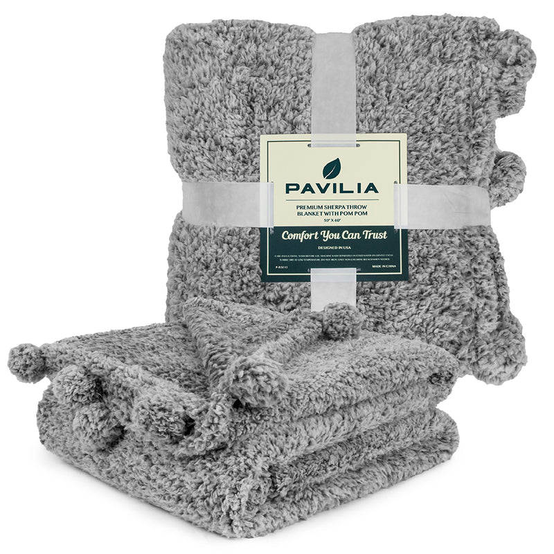 Pom Pom Fringe Sherpa Throw Blanket