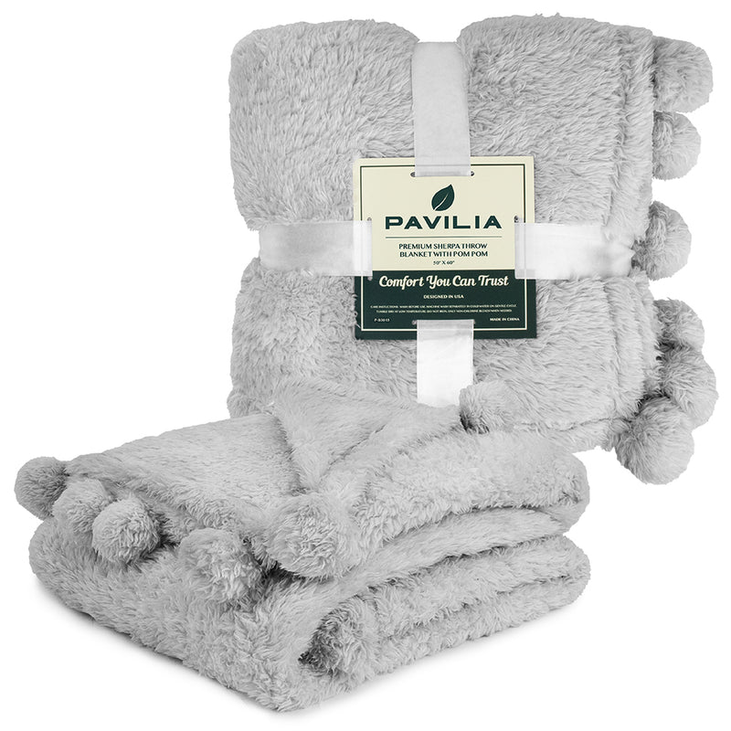 Pom Pom Fringe Sherpa Throw Blanket