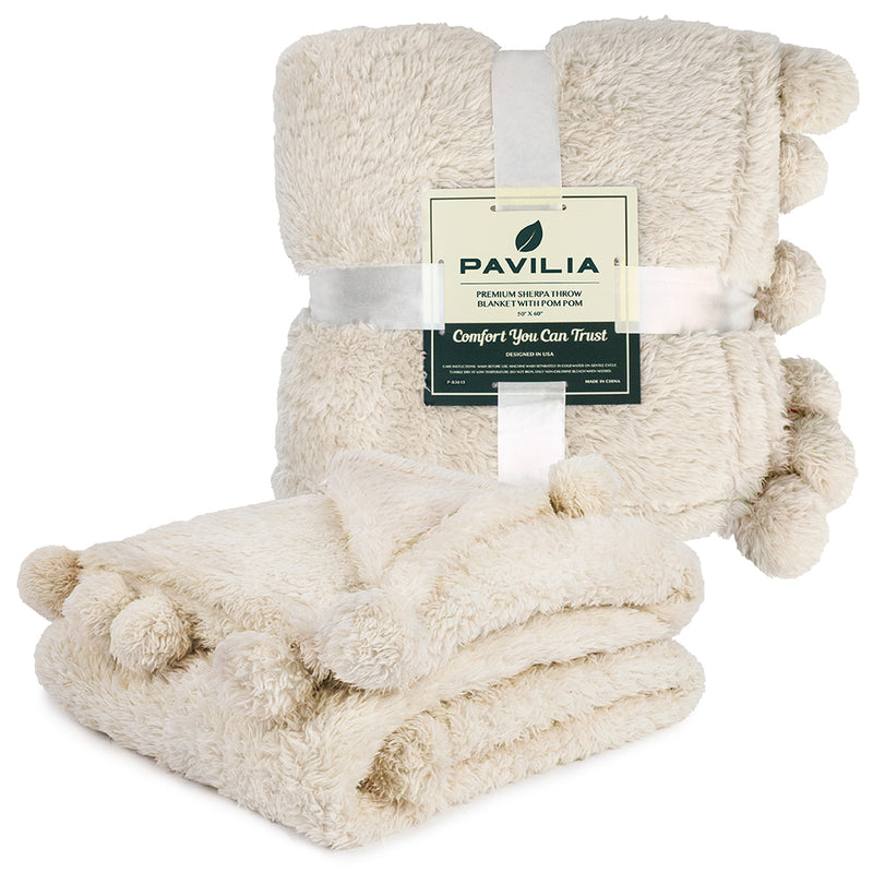 Pom Pom Fringe Sherpa Throw Blanket