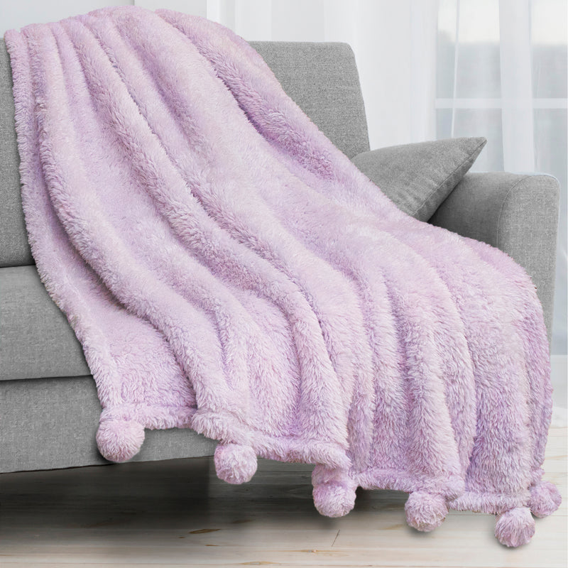 Pom Pom Fringe Sherpa Throw Blanket