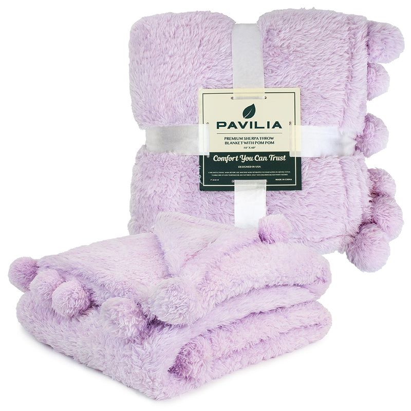 Pom Pom Fringe Sherpa Throw Blanket
