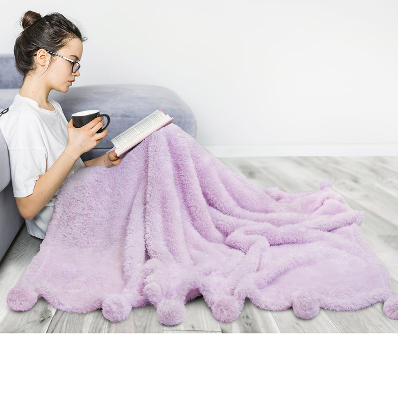 Pom Pom Fringe Sherpa Throw Blanket