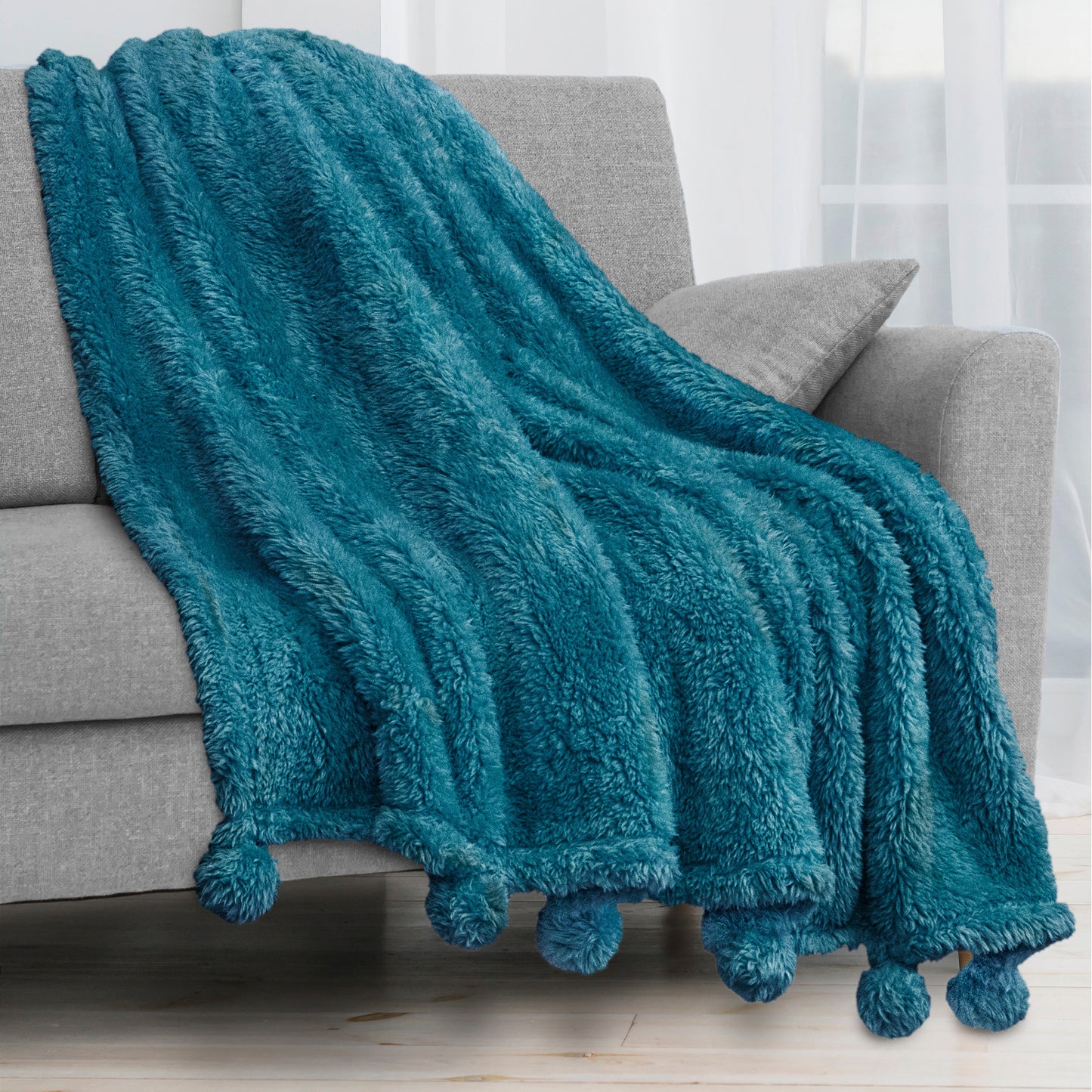 Pom Pom Fringe Sherpa Throw Blanket