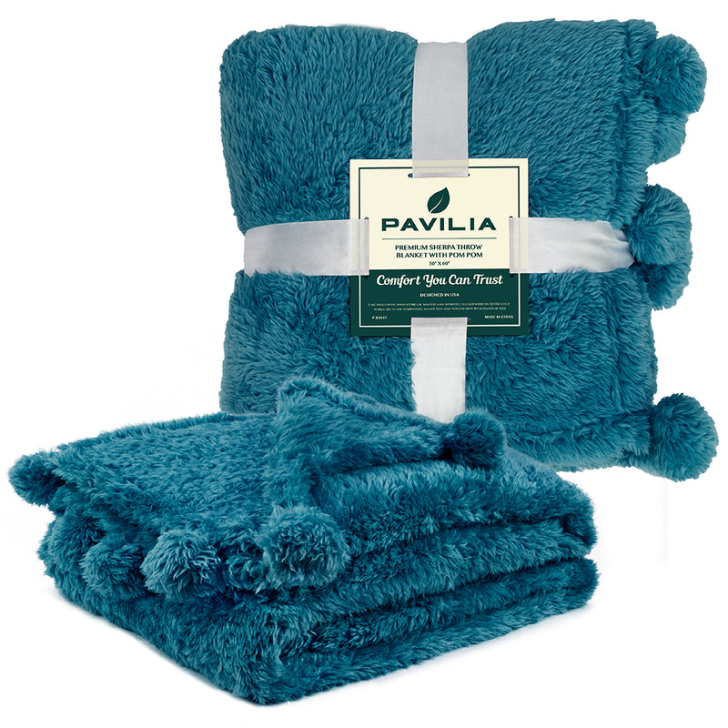 Pom Pom Fringe Sherpa Throw Blanket