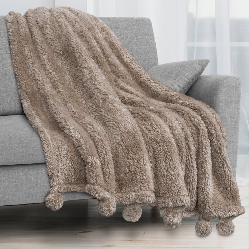 Pom Pom Fringe Sherpa Throw Blanket