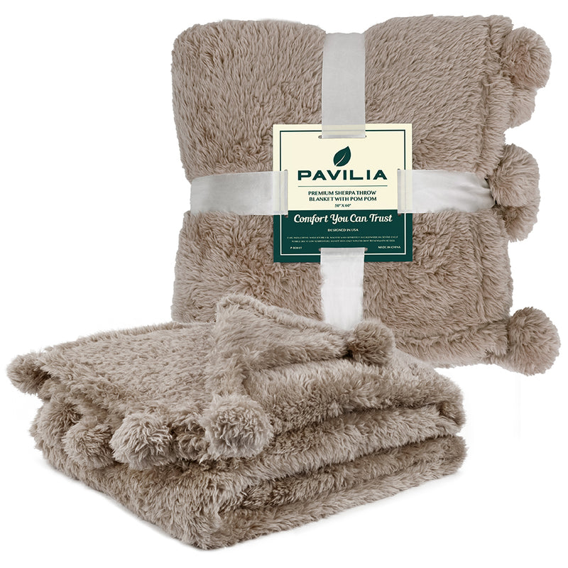 Pom Pom Fringe Sherpa Throw Blanket