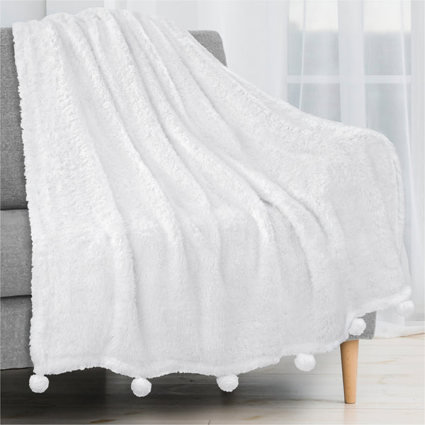 Pom Pom Fringe Sherpa Throw Blanket