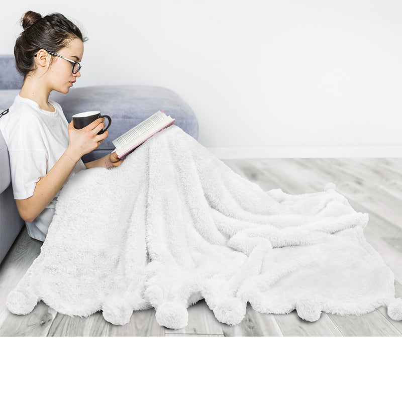 Pom Pom Fringe Sherpa Throw Blanket