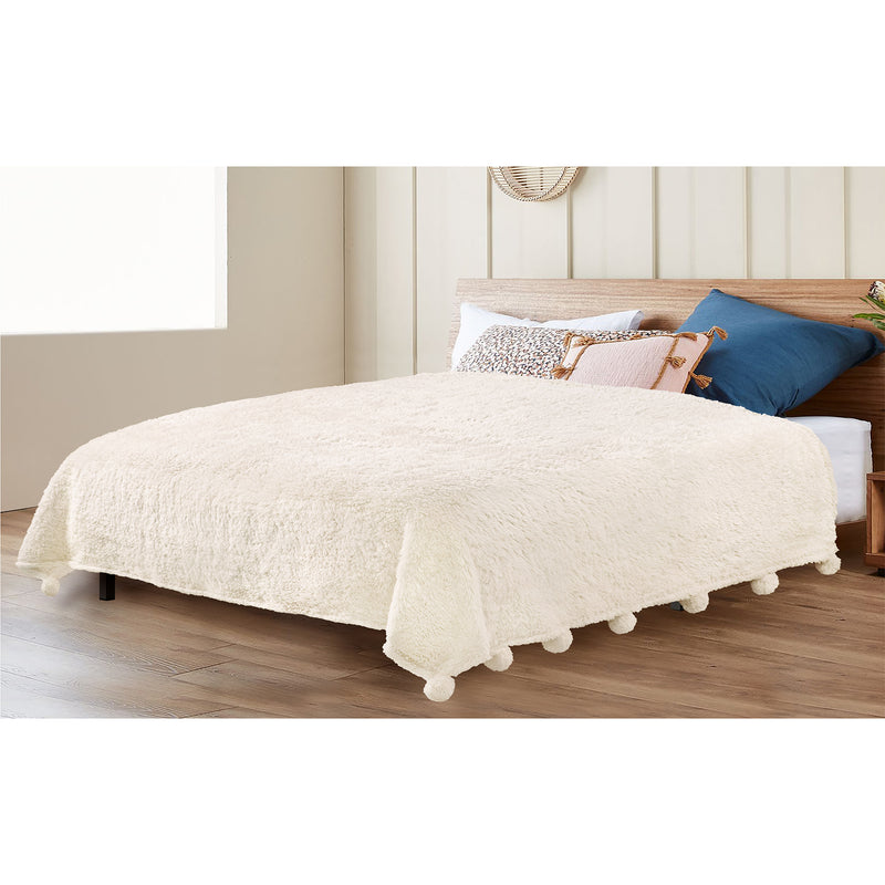 Pom Pom Fringe Sherpa Throw Blanket