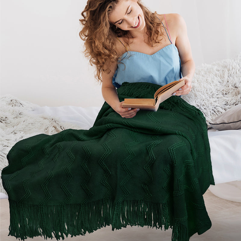 Zig Zag Knit Fringe Throw Blanket
