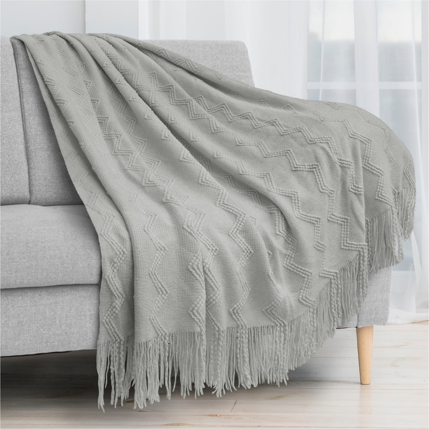 Zig Zag Knit Fringe Throw Blanket