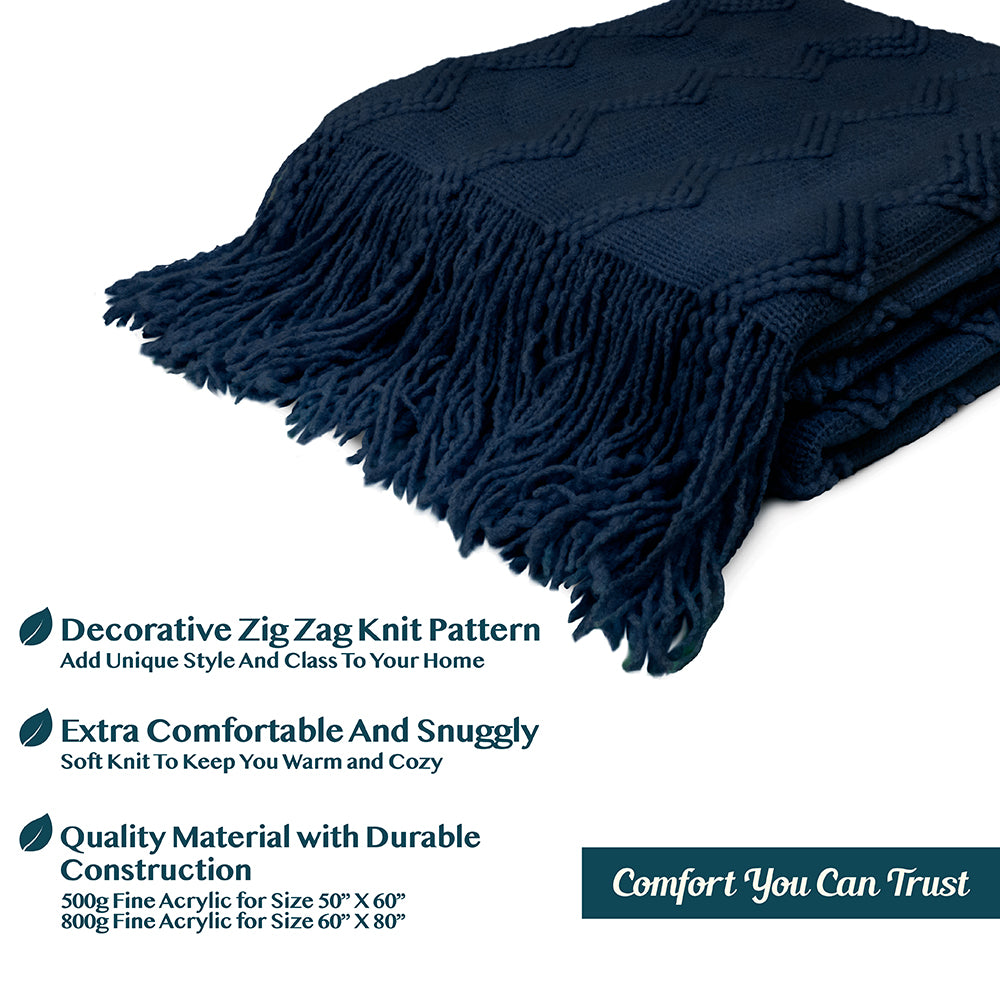 Zig Zag Knit Fringe Throw Blanket