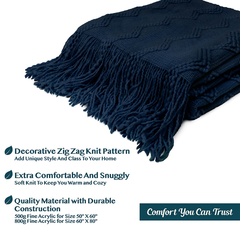 Zig Zag Knit Fringe Throw Blanket
