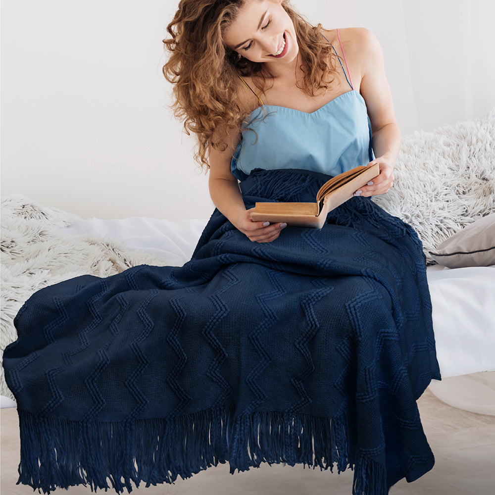 Zig Zag Knit Fringe Throw Blanket