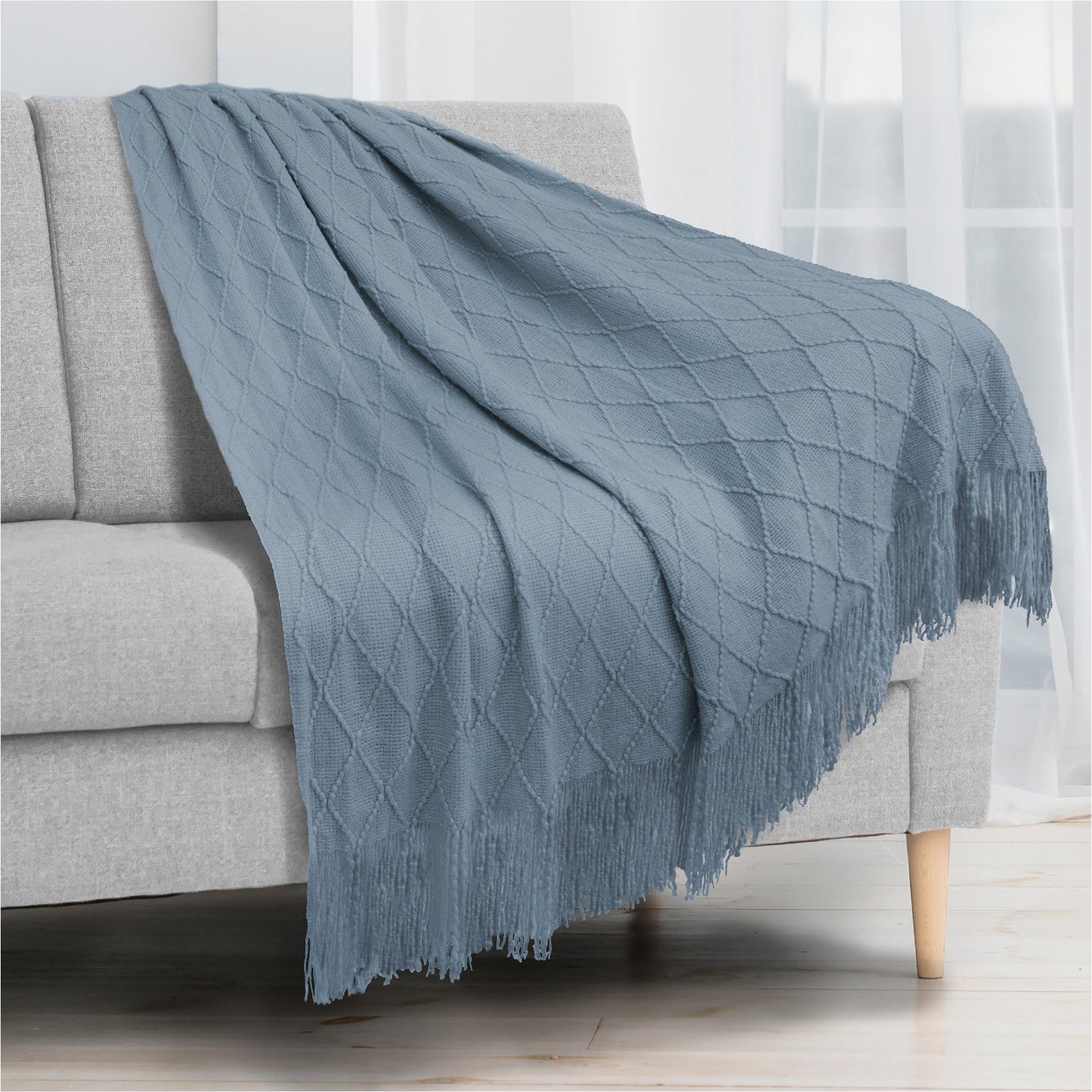 Diamond Knit Textured Fringe Throw Blanket