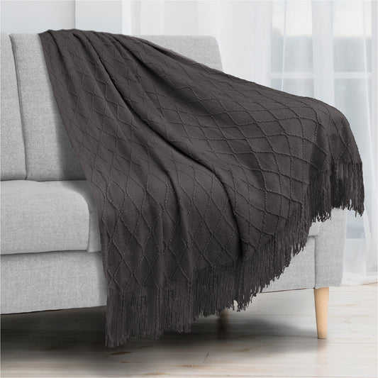 Diamond Knit Textured Fringe Throw Blanket
