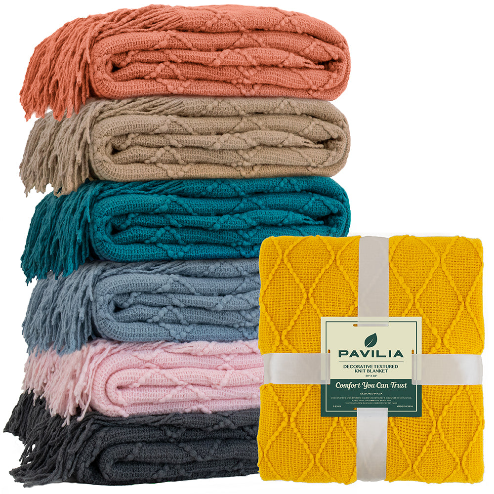Diamond Knit Textured Fringe Throw Blanket