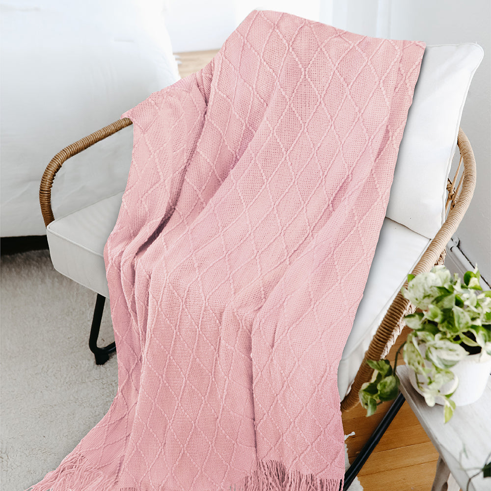 Diamond Knit Textured Fringe Throw Blanket