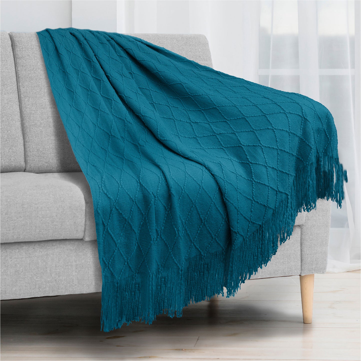 Diamond Knit Textured Fringe Throw Blanket