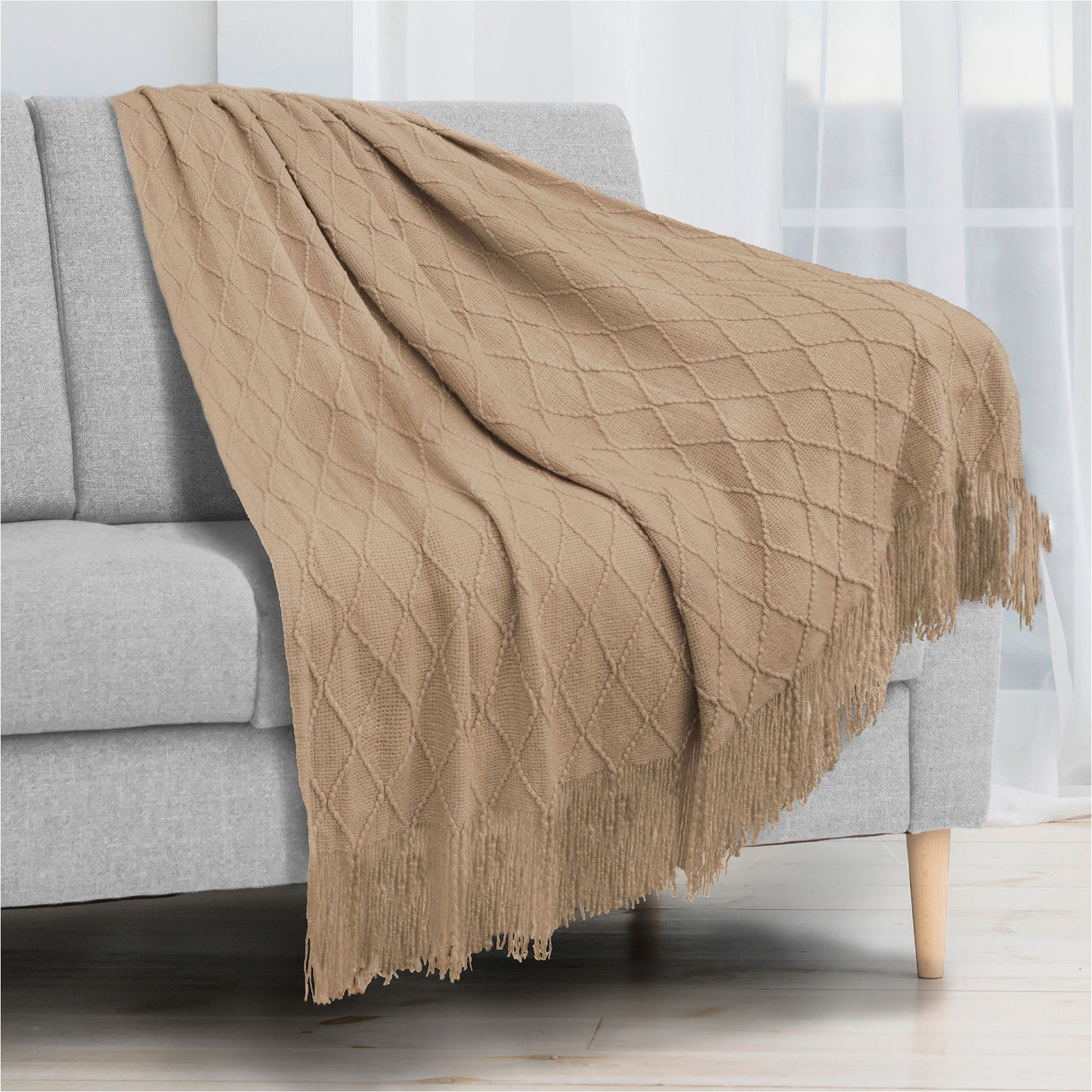 Diamond Knit Textured Fringe Throw Blanket